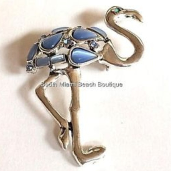 Silver Flamingo Pin Brooch Blue Cats Eye Island - Picture 2 of 8